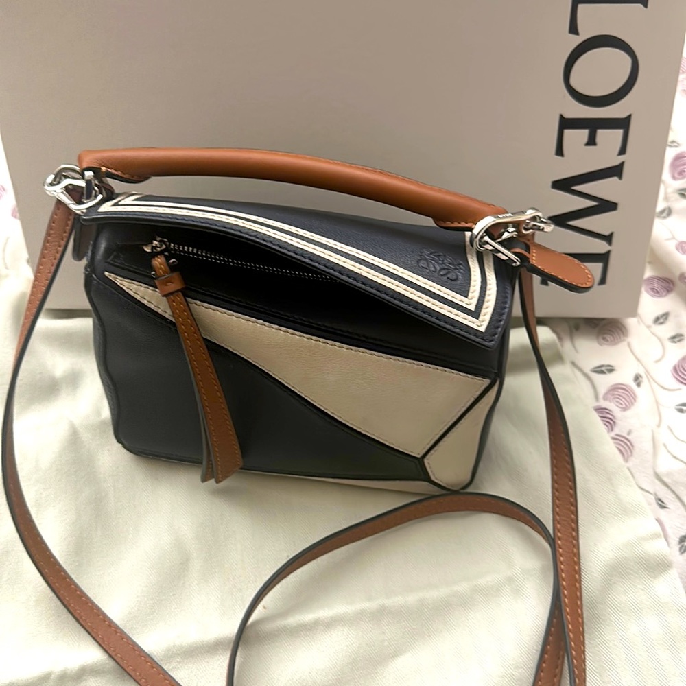 Loewe Mini Puzzle Bag Navy White Tan